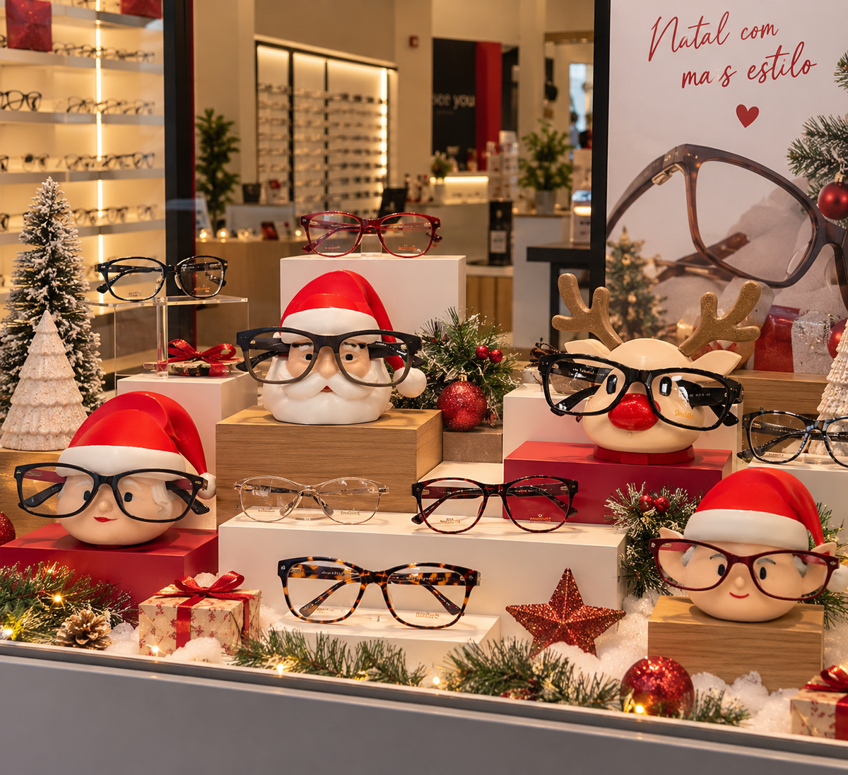 Vitrine de ótica decorada para o Natal com expositores de óculos Papai Noel, Mamãe Noel, Rena e Elfo